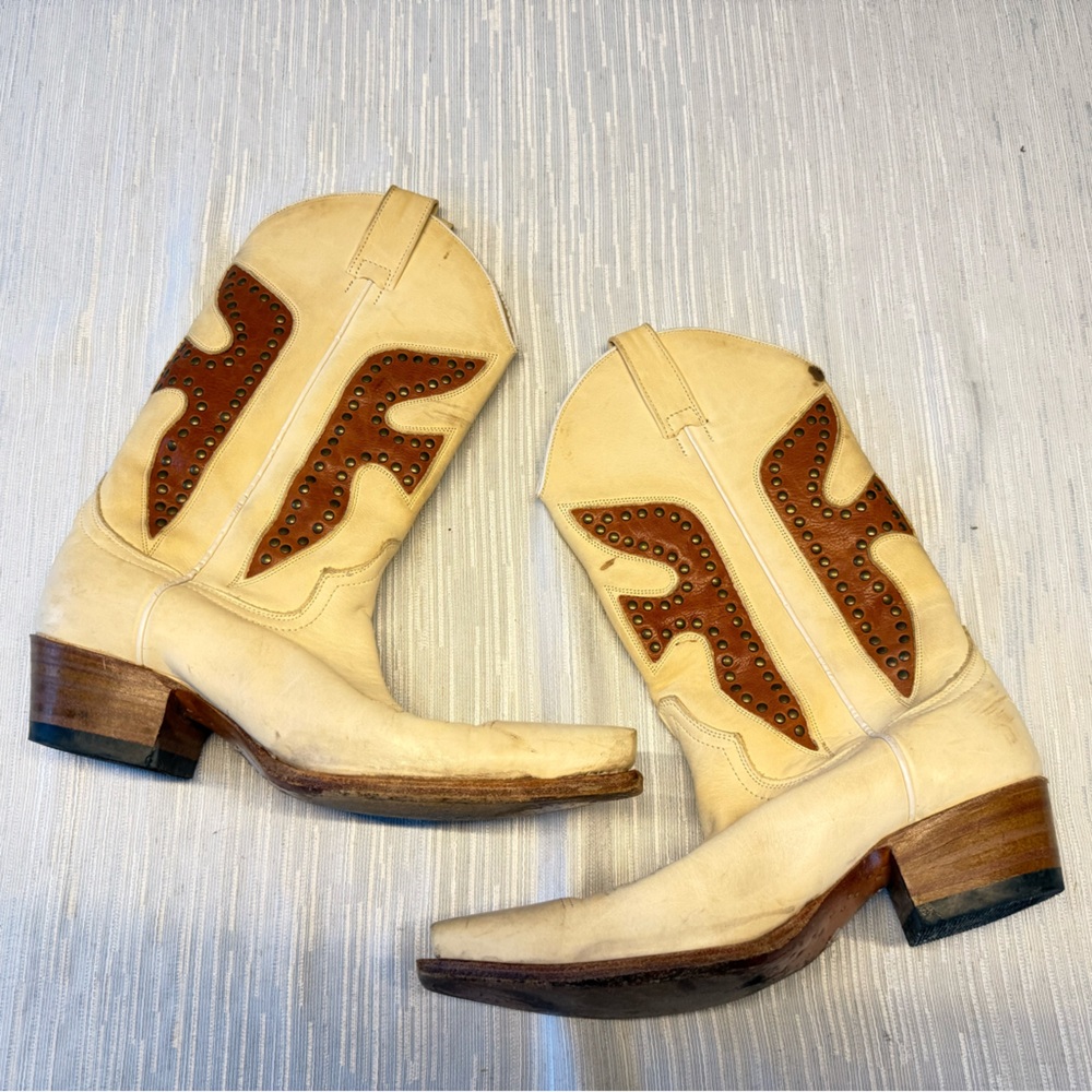 Frye Cream and Brown Heeled Boots